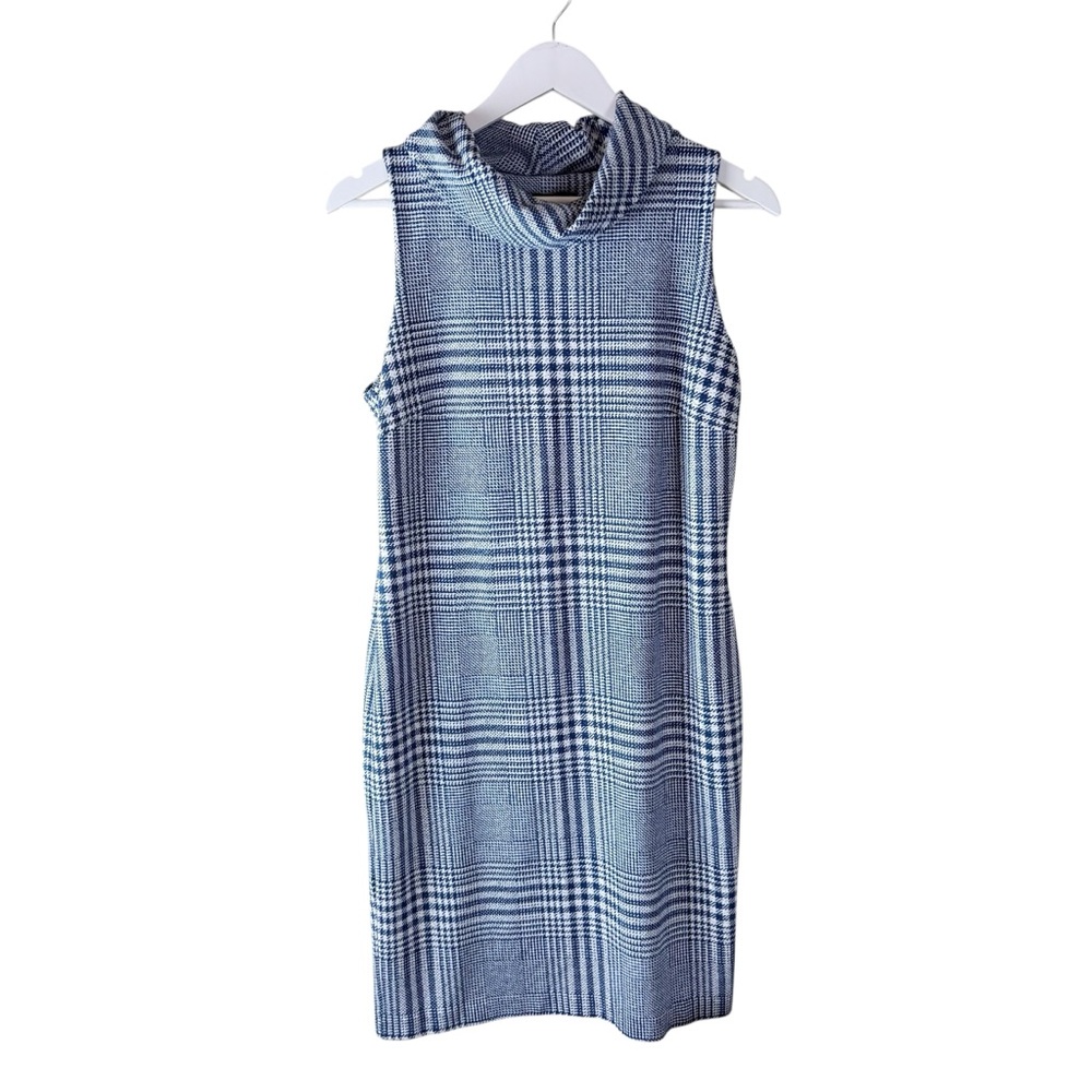 J.McLaughlin Blue White Glen Plaid Cowl Neck Sleeveless‎ Sheath Dress Medium